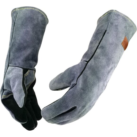 Men Black/Grey 16 Inches Fire & Heat Resistant Fireplace Leather Welding Gloves - Picture 1 of 6